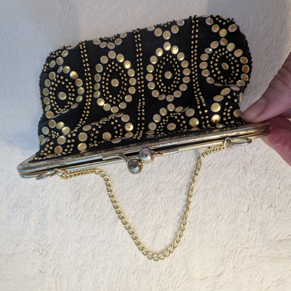 1950s Gold And Black Studded Evening Party- Clasp Purse/Vintage - Picture 9 of 12